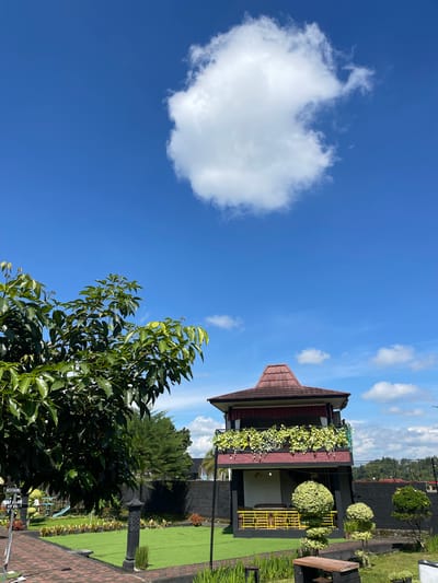 The image shows a sunny outdoor scene in Sinduagung, Indonesia. A building with a red-tiled, pyramidal roof, and dark exterior walls is visible. The building has a second story with plants along the railing. There is a yellow-railed structure with spherical green plants near the building. Manicured green grass surrounds the building. A large tree with green leaves is in the foreground. Above, the sky is blue with white clouds. The image is rotated 90 degrees counterclockwise.