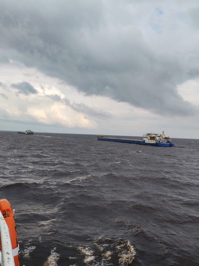 This media file depicts a wide shot of a large body of dark, choppy water under a cloudy sky. Two cargo ships are visible on the horizon. The ship in the foreground is a long, blue barge-like vessel with a white superstructure and a smaller cabin structure. It appears to be carrying cargo, possibly containers or building materials, on its deck. The second ship, further to the left and smaller in the frame, is a tugboat or a smaller cargo vessel, also on the water.
The weather appears overcast and potentially stormy, with dramatic, heavy grey clouds dominating the upper portion of the image, interspersed with patches of brighter sky. The water's surface is agitated, with visible waves and whitecaps, suggesting wind and possibly rough conditions.
In the lower left corner of the image, a portion of what appears to be a life preserver or safety equipment is visible, attached to the side of a vessel from which the photo is taken. This suggests the perspective is from another ship, looking out onto the water.
The visible text on the larger ship reads "BCM-9000". The overall mood is somber and potentially dramatic due to the weather. The location context is Dobrynskoe, Russia, implying a river or a large lake, given the presence of cargo ships. The time of day is difficult to ascertain precisely due to the cloud cover, but it appears to be daytime.