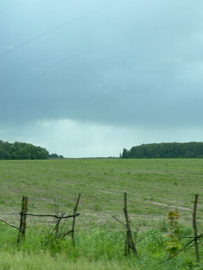 The image shows a landscape scene, likely in a rural area, with a field on the right and a cloudy sky on the left. A line of trees separates the field from the sky. There's a wooden fence structure in the foreground of the field. The image's orientation is unusual, appearing as if it has been rotated. Location is presumed to be near Кокино, Russia. No people, other subjects, specific objects, actions, or interactions are visible.