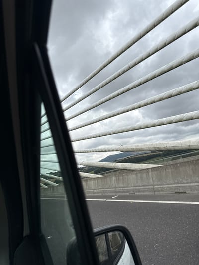 The image, taken from inside a vehicle in Forristalstown, Ireland, shows a view through the car's window of a large bridge under a cloudy sky. Multiple parallel, white, cylindrical cables stretch diagonally across the frame from left to right, receding into the distance. Below these cables is a concrete barrier and the asphalt road surface. The landscape beyond the barrier appears green and hilly, with some buildings or structures visible. The left side of the image is dominated by the dark interior of the car, including the car's A-pillar and a partial view of the car's side mirror reflecting the scene. The lighting is overcast, suggesting a cloudy day.