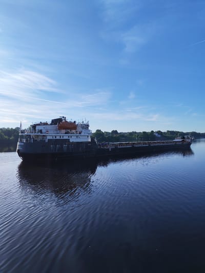 A long, dark-hulled cargo ship, identified by the Cyrillic text "ПРОФЕССОР БАХАН" (PROFESSOR BAKHAN) and "IMO 783285" on its white superstructure, navigates a wide, calm body of water under a clear blue sky in Faliukovo, Russia. The ship's stern features a visible orange lifeboat, multiple decks with railings, and a Russian flag. The dark water reflects the ship and the sky, showing gentle ripples. The left bank of the waterway is lined with dense green trees. On the distant right bank, a white church-like building with a dome or spire is visible amidst a line of green foliage, with hints of a settlement beyond. The sky is bright blue with scattered wispy white clouds and several faint aircraft contrails. No individuals are discernible on the ship or on the banks.