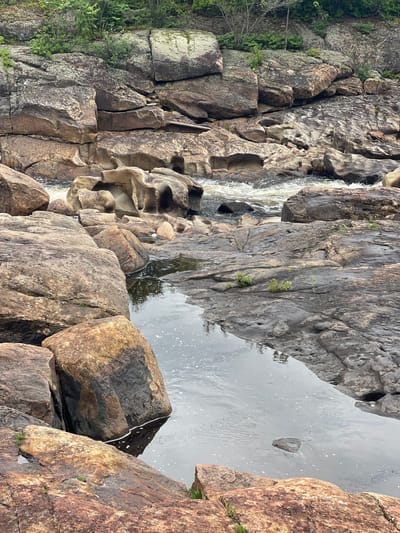 The image depicts a natural rocky landscape with a flowing river. Large, weathered rocks of various brown and gray hues dominate the scene, with some covered in patches of moss and lichen. The river, appearing dark and somewhat turbulent, flows through the rocky terrain, with whitewater visible in some sections. Small green plants and weeds are scattered among the rocks, indicating a natural, possibly wild, environment. The overall impression is one of a rugged, natural setting, likely a riverbed or gorge. There are no people or man-made structures visible in the image.