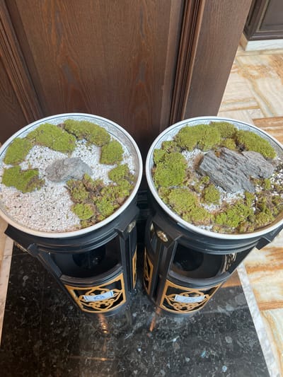 This indoor scene in Tongxiang, China, displays two identical decorative planters containing miniature landscape arrangements. Each planter consists of a circular white ceramic bowl filled with a base of small white pebbles, irregular patches of vibrant green and some dried brown moss, and grey rocks. The left bowl features a single, rounded grey rock, while the right bowl contains two elongated, textured grey rocks. These bowls are supported by cylindrical black stands, each adorned with open-work gold-colored frames and small blue and white patterned ceramic plaques. The stands rest on a polished floor, which exhibits a dark, possibly granite or marble, surface on the left transitioning to a lighter, veined marble surface on the right. A dark brown wooden panel, possibly a door or wall, serves as the background. No individuals, actions, or interactions are depicted.
