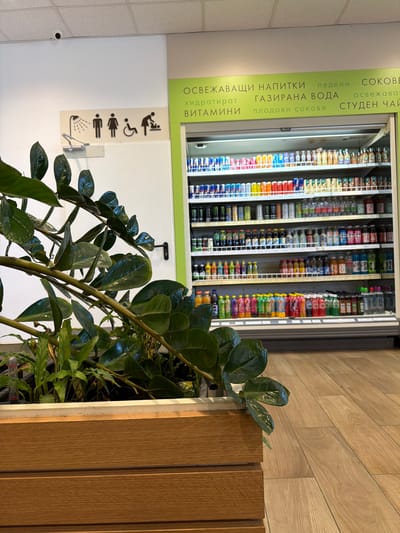 The image depicts an interior setting in Georgi-Dobrevo, Bulgaria, likely a retail space or public area, with a beverage vending machine prominent in the background. The machine is filled with a variety of drinks, arranged on shelves. There is green signage to the left of the machine with text in Bulgarian, including the words "ОСВЕЖАВАЩИ НАПИТКИ," and "СОКОВЕ." Beneath the green sign is a white sign with symbols for accessible toilets, men's and women's restrooms, and a shower. In the foreground, there is a potted plant. To the right of the plant, there is a wooden slatted wall or partition. The floor appears to be made of light-colored wood. The lighting seems bright and artificial.