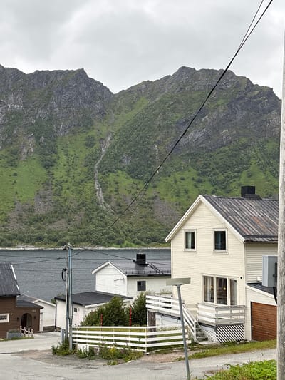 The image depicts a view of Gryllefjorden, Norway, featuring a prominent mountain range in the background. The mountains are rugged and rocky at the peaks, with verdant green slopes covered in trees and vegetation. A visible water body, likely the fjord itself, separates the foreground from the mountains.
In the foreground, several houses are visible. The largest house is a light-colored, two-story building with a dark roof and a wooden deck with white railings. A smaller, darker brown house with a dark roof is situated to the left, and a white house with a dark roof is to the left of that. A white wooden fence runs across the middle ground, separating the houses from the street. A utility pole with wires is centrally located in the foreground. The overall environment appears to be a coastal village with traditional architecture set against a dramatic natural landscape. The sky is overcast, suggesting a cloudy day. There are no people visible in the image.