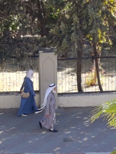 Two individuals, a woman and a man, are walking on a paved surface in front of a light-colored wall and fence. The woman, on the left, wears a long blue dress and a light-colored hijab, and carries a tan cross-body bag. She has dark shoes with white soles. The man, on the right, is dressed in a light gray thobe and a white ghutra with a black iqal. He also wears dark shoes with white soles. They appear to be walking in the same direction, with the woman slightly ahead of the man.
Behind the wall and fence, there are trees with dark foliage and some patchy sunlight filtering through. The scene suggests it is daytime, with shadows cast on the paved surface, indicating sunny weather. The architecture of the wall and the attire of the individuals hint at a Middle Eastern or North African setting, consistent with the location context of Nablus, Palestinian Territories. No text is visible in the image. The overall mood is neutral, depicting a casual walk in an outdoor environment.
