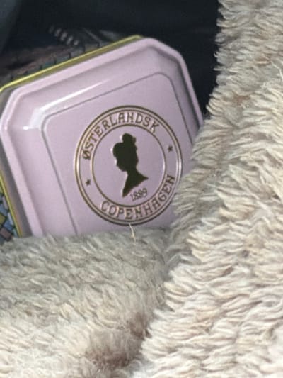 A close-up shot shows the lid of a light pink tin with a gold-trimmed circular emblem. The emblem features the text "ØSTERLANDSK" at the top, a silhouette of a woman's head and shoulders in profile, a small star, "1899" below the silhouette, and "COPENHAGEN" at the bottom. The tin is partially obscured by a fuzzy, light brown blanket. The background is dark and out of focus. The image does not contain enough information to determine its location within Vallensbæk Landsby, Denmark.