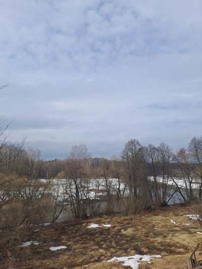 The image depicts a natural landscape in Avdot’ino, Russia, during what appears to be late winter or early spring. The scene is dominated by a river or large stream flowing horizontally across the midground. The water is dark and partially covered with patches of white ice or melting snow. The riverbanks are heavily lined with deciduous trees and bushes, all bare of leaves, their branches forming a dense, tangled network. Beyond the river, a distant line of dormant trees creates the horizon.

In the foreground, a sloping hillside rises towards the viewer. This ground is covered primarily with dry, matted brown and ochre-colored grass, intermingled with exposed earth. Several irregular patches of melting snow are visible on this hillside. To the lower right, the edge of a wooden structure, possibly a railing or steps, is partially visible. The sky occupies the upper half of the image, featuring a light blue hue with scattered white and light grey clouds. No people or animals are visible, and no discernible actions or interactions are occurring.