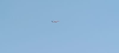 A single airplane is visible against a clear blue sky. The airplane is white with blue accents on its wings. It is in flight and appears to be ascending. The image does not provide enough context to determine the location within Colmenar Viejo, Spain.