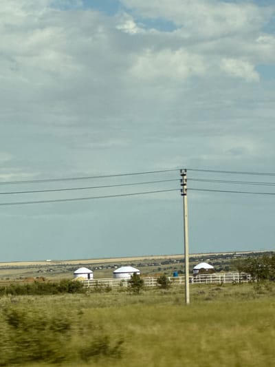 The image depicts a pastoral scene in Дорожный, Russia, characterized by a vast, open sky filled with scattered clouds, suggesting a daytime setting. A prominent power line stretches across the frame, supported by a white pole with dark insulators, indicating the presence of electrical infrastructure. In the background, a grassy field unfolds, dotted with small white structures that appear to be shelters or perhaps part of a farm or outdoor facility. These structures have a distinctive domed roof design. A thin line of trees or brush marks the transition between the field and a distant, pale blue expanse, possibly representing water or a hazy horizon. The overall impression is one of rural tranquility and openness, with the power lines providing a contrasting man-made element against the natural landscape. No people are visible in the image, and there is no discernible text.