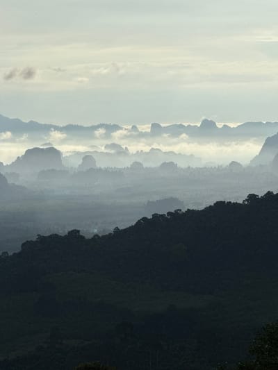A landscape photograph captures a panoramic view of misty mountains and lush green forests in Ban Din Daeng Nui, Thailand. In the foreground, a dense forest with dark green foliage covers a sloping hill. Beyond this, layers of hills and mountains recede into the distance, partially obscured by a soft, ethereal mist. Jagged peaks rise above the haze, their silhouettes softened by the atmospheric conditions. The sky above is a pale, cloudy expanse with subtle variations in light and shade. The overall impression is one of serene, natural beauty, with the mist adding a sense of depth and mystery to the scene. There are no people or discernible objects in the image, just the natural environment.