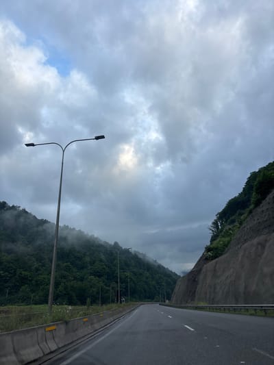 An overcast day is depicted on a highway in Tsakva, Georgia, with heavy clouds blanketing the sky. Lush green mountains rise on the left side of the road, partially shrouded in mist, suggesting a humid environment. On the right, a steep, rocky embankment is visible, secured with netting, indicating a potentially unstable geological area. Two streetlights with dual lamps stand on the left side of the road, one more prominently in the foreground. The road itself is asphalt, wet, and marked with white lines. A concrete barrier with yellow reflectors lines the immediate left edge of the road. The scene conveys a sense of natural beauty mixed with the infrastructure of a roadway.