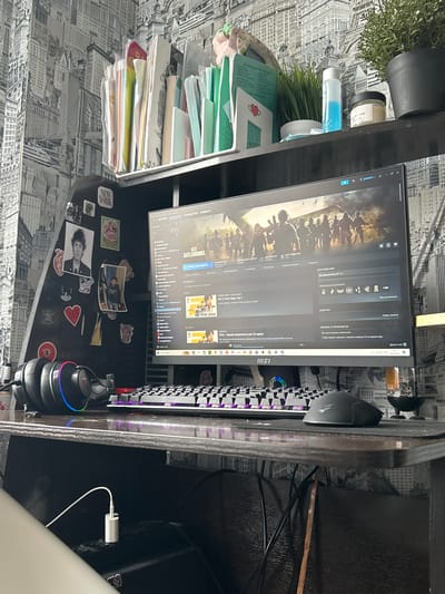 The image presents a detailed view of a personal computer workstation located in a room within Raduga, Russia. The walls are covered with black and white wallpaper depicting a dense cityscape, reminiscent of New York. A dark-colored desk serves as the primary surface, holding an MSI monitor displaying the Steam client, with the game "PUBG: BATTLEGROUNDS" prominently featured. Russian text is visible on the screen, alongside a taskbar indicating the date 29.03.2024 and time 18:17.

To the left of the monitor, a dark desk hutch or panel is adorned with multiple items: a "NEW YORK" sticker, a photograph of a person with dark hair and visible tattoos, a smaller photograph of another individual, several heart-shaped stickers, other graphic stickers, and a red billiard ball sticker. Resting on the desk to the left of the keyboard is a pair of black over-ear headphones featuring multicolor RGB lighting on the earcups.

In front of the monitor, a mechanical keyboard with distinct purple, blue, and red RGB backlighting is positioned. A dark-colored gaming mouse sits on a black mousepad to the right of the keyboard.

Above the monitor, a dark shelf holds several items. On the left, a white organizer contains various papers, documents, and books. On the right, two artificial potted plants are present (one in a grey pot, one in a black pot), alongside a clear bottle filled with blue liquid and a small black jar with a light-colored label.

Beneath the desk, a white USB charging cable with an attached adapter is visible, along with multiple dark electrical cables. No individuals are present or engaged in any activities within the frame.