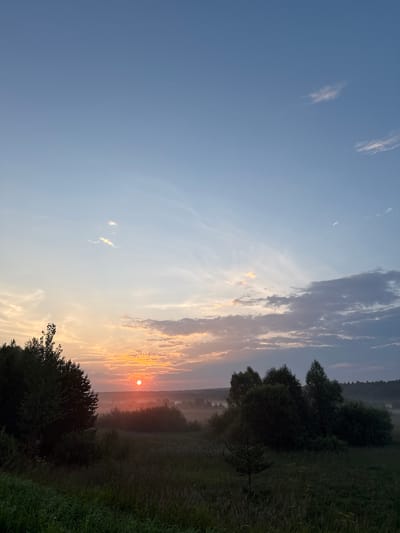 The image depicts a rural landscape at sunrise, likely in or near Balakovo, Russia, given the context. The sky transitions from a pale blue at the top to warmer hues of orange and pink near the horizon, with wispy white clouds scattered across it. The sun, a bright orange orb, is low in the sky, casting a soft glow over the scene. In the foreground, tall grass and trees are silhouetted against the light. A gentle mist blankets the middle ground, obscuring the details of the distant landscape, which appears to be a mix of fields and forests. The overall atmosphere is serene and tranquil, characteristic of an early morning in the countryside. There are no people or animals visible in the image, nor are there any man-made structures other than what might be inferred as distant agricultural or natural land.