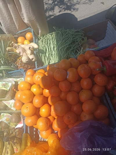 In Razzakov, Kyrgyzstan, a market stall displays a vibrant assortment of fresh produce. Oranges are piled high in a blue plastic crate, their bright citrus hue contrasting with the deep red of bell peppers in another crate. To the left, a cluster of ginger roots and pineapples are visible, hinting at a variety of flavors. A large bunch of green beans adds a touch of verdant freshness to the scene. The ground beneath appears to be a paved surface, possibly a street or walkway, with shadows cast by overhead trees suggesting an outdoor setting. The image is dated 25.06.2026 at 13:07, indicating it was taken in the early afternoon.