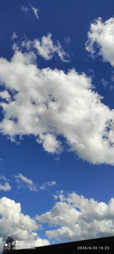 The image depicts a bright blue sky with scattered white cumulus clouds. The clouds are varied in size and shape, with some appearing dense and fluffy, while others are thinner and wispy. A dark, silhouetted roofline runs along the bottom of the image, suggesting the presence of a building. A small portion of a tree is visible on the left side of the frame, near the roofline. The bottom left corner of the image contains text that reads "REDMI NOTE 9 PRO" and "AI QUAD CAMERA", indicating the device used for capture. The bottom right corner shows a date and time stamp: "2026/6/30 16:23". The scene appears to be an outdoor environment, likely a town or rural area, given the presence of both the sky with clouds and the roof and tree elements. The location is specified as Hankasalmi, Finland, which suggests a Finnish context for this sky observation.