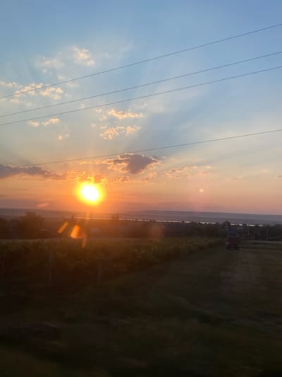 The image captures a sunset over the rural landscape of Balabanu, Moldova. The sun, a bright orb, is low in the sky, casting warm orange and yellow hues across the clouds and the horizon. Rays of sunlight fan out from the sun, illuminating the sky and creating lens flare effects. In the foreground, there is a field of crops, possibly a vineyard, with some vertical stakes visible. Further in the distance, there are scattered houses and trees, suggesting a rural settlement. A lone vehicle with a trailer is visible in the field on the right side of the image. The sky transitions from a clear blue at the top to a warm gradient of orange and pink near the horizon. Several power lines are stretched across the upper portion of the image. The overall scene depicts a serene, rural evening in Moldova.