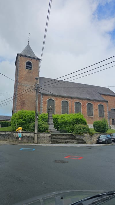 This daytime image, taken in Thuin, Belgium, presents a street scene dominated by a large, traditional brick building, likely a church or historical structure, on the left. The building features a dark shingle roof, several arched windows with dark panes, and a prominent steeple with a pointed roof and a single arched window.
In front of the building, a well-maintained garden with vibrant green bushes and some yellow-flowering plants borders a stone retaining wall. A set of stone steps leads from the street up to the building's level. A small, colorful figurine, depicting a cartoonish character with yellow hair, a blue top, and pink shoes, stands on the stone wall in the lower left.
The foreground consists of a paved road that appears damp, suggesting recent rain. Utility poles and numerous black overhead wires crisscross the frame, particularly in the mid-ground. On the right side of the road, several cars are parked, and the front corner of a vehicle, from which the photo was likely taken, is visible in the extreme right foreground.
Notable details on the road include a distinct red rectangular outline painted on the asphalt, with a blue rectangular outline visible further down the street. The sky is largely overcast, though patches of brighter cloud and some blue are discernible. The overall atmosphere is quiet and observational, capturing a typical street view in a European town. In the lower left background, beyond the garden, solar panels are partially visible.