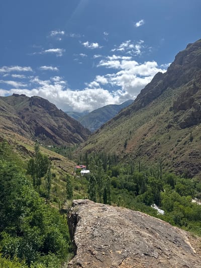 The image depicts a scenic view of a valley in Tortum, Turkey. The foreground features a large, textured rock in the lower right quadrant. Beyond the rock, the valley opens up, revealing steep, brown, and green mountainous slopes on either side. A dense cluster of green trees fills the valley floor, interspersed with tall, slender trees that reach towards the sky. Two white buildings with red roofs are visible nestled amongst the trees, suggesting a small settlement. The sky above is a vibrant blue, dotted with fluffy white clouds, and a bright sunbeam casts a glow across the upper left portion of the frame. The overall environment is natural and mountainous, with signs of human habitation in the form of buildings and what appears to be a path or road winding through the trees. The scene is captured on a clear, sunny day.