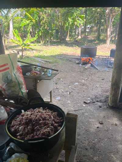 The image depicts an outdoor cooking scene, likely in Pulo, Indonesia, with lush tropical vegetation in the background. In the foreground, a large black tub is filled with chopped raw meat. To the left, a large sack with red and white stripes rests on a cart. A wooden table holds a bowl of food, plastic cups, and a pot. In the middle ground, a large pot is suspended over an open fire, with flames visible beneath it. Another dark container is positioned next to the fire. The ground is a mixture of dirt and debris. The overall impression is of a rustic, possibly communal meal preparation.