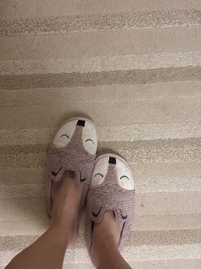 A pair of fuzzy purple slippers with embroidered fox faces are on a person's feet. The slippers are on a carpet with horizontal stripes of beige and cream. The image does not contain enough information to determine the location in the city of Otradnoye, Russia.