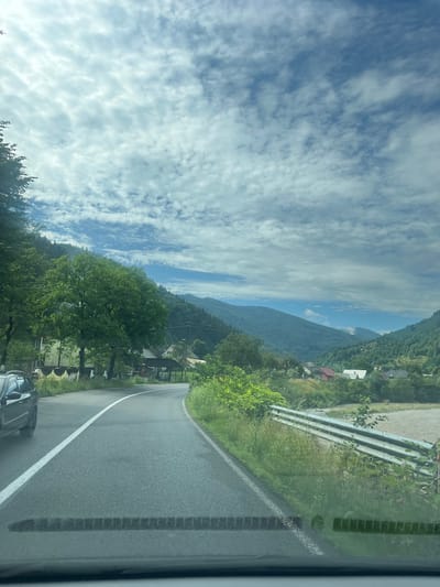 A first-person perspective shot from a vehicle shows a winding asphalt road through a valley. Rolling green mountains covered in dense forests flank the road, with a few houses scattered on the hillsides. The sky is partly cloudy with dramatic, textured clouds. A dark-colored car is visible on the left side of the road, and a metal guardrail runs along the right side, separating the road from a murky river. The scene suggests a rural mountainous landscape, possibly in the city of Vilkhovatyi, Ukraine.