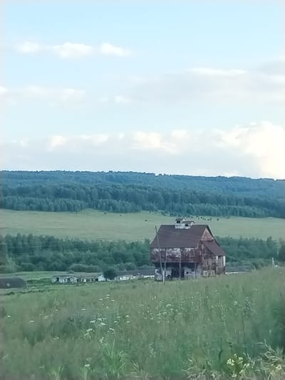 A wide shot captures a rural landscape with an old, dilapidated structure in the foreground. The building, appearing to be some sort of barn or industrial shed, has a rusty, corrugated metal roof and walls, and looks weathered and abandoned. It stands on stilts, with an open lower level. In the middle ground, a line of simpler, elongated buildings stretches across the field, suggesting a small settlement or farm complex. Beyond these structures, a dense, dark green forest forms a rolling horizon under a pale blue sky dotted with white, fluffy clouds. The sky suggests it is daytime, likely late afternoon or early evening due to the soft lighting. The overall scene evokes a sense of remoteness and past industrial activity in a natural setting, possibly in or around Chebarkul', Russia. There is no text visible in the image. The focus is on the rustic architecture and the expansive natural environment.