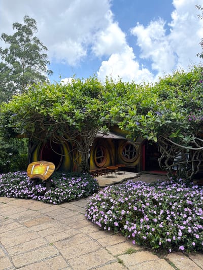The image captures a charming, fairy-tale-like building nestled within a lush garden, likely located in Da Lat, Vietnam. The structure itself appears to be a small, round-doored hobbit-style house, its entrance and windows framed by thick, overgrown green vines and branches. Several small, round windows are visible, some with latticework. In front of the house, a pathway paved with large, irregular stone slabs leads the viewer's eye towards the entrance. The path is bordered on both sides by dense beds of small, vibrant purple flowers. To the left of the entrance, a wooden sign with text and a yellow emblem is mounted on a stand. The background reveals more greenery and tall trees reaching towards a partly cloudy blue sky. The scene evokes a sense of whimsical fantasy and natural beauty, characteristic of many attractions in Da Lat. No people are present in the image.