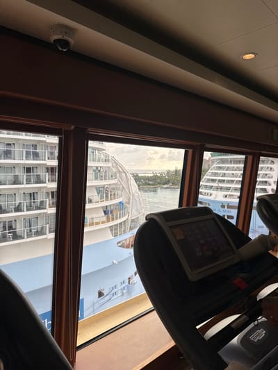 The image depicts an interior view from what appears to be a fitness facility, looking outward through large wooden-framed windows towards a cruise ship port in Nassau, Bahamas. In the immediate foreground, two dark-colored treadmills are visible, with the treadmill on the right showing a digital display with numerical data (e.g., "17:11," "2.02," "624") and a partial "TECHNOGYM" branding on its side, along with a white water bottle in its holder. The ceiling above features a white dome-shaped security camera and a recessed light fixture.

Through the windows, two large cruise ships are prominently docked in the harbor. The ship on the left, partially obscured by a window frame, is a modern vessel with multiple decks of balconies and a light blue hull. The ship on the right, further in the background, also has a white superstructure and a light blue hull, with the name "MAJESTY OF THE SEAS" clearly legible on its side. Between and beyond the ships, a calm body of water is visible, leading to a tropical landmass. The background shows lush green vegetation, including palm trees, and distant buildings, characteristic of a Caribbean port city. The sky is overcast with a mix of light and dark clouds. No discernible individuals are present in the foreground; small, unidentifiable figures can be observed on the decks of the cruise ships.