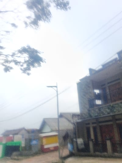 This image captures a blurry, wide-angle street scene in Dakshin Hichachhara, India, under bright, overcast conditions. The sky occupies the upper two-thirds of the frame, showing silhouetted tree branches at the top-left and multiple parallel power lines stretching across the upper-right.
In the mid-ground, a grey street light pole with a single horizontal arm extending left stands prominently. To the right of the street light, a multi-story building with a textured or stone-clad facade is visible. It features a balcony with dark railings on the upper level and indistinct windows or doors on both levels. To the left of the street light, several smaller, indistinct buildings are present, with one clearly identifiable as a small kiosk featuring a yellow top, a white mid-section, and a red base. The ground appears to be an unpaved or dirt road.
A single individual is discernible in the lower mid-ground, to the right of the street light pole, moving towards the right. This person is blurred, wearing dark clothing, and carrying a light blue object or bag. No specific facial features or detailed clothing are visible. The overall scene suggests a residential or mixed-use urban environment, characterized by the persistent blur throughout the image.