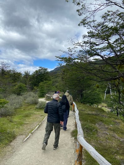 A group of people hike along a dirt path bordered by a wooden railing. The path winds through a lush green landscape of grass, trees, and bushes. In the background, a mountain rises into the sky, partially obscured by clouds. The sky is a mix of blue and grey, suggesting an overcast day. A tree branch hangs over the path, partially covering the view.
