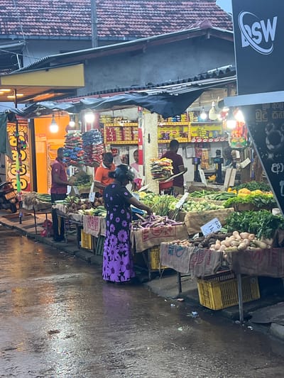 This image captures a bustling street market scene in Kodagoda, Sri Lanka. The photograph, taken from a low angle, is oriented vertically. It depicts various stalls laden with fresh produce, including vegetables like beans, gourds, and what appear to be beets, as well as some packaged goods. The ground is wet, suggesting recent rain or cleaning, and reflects the vibrant lights of the market stalls.
Several people are visible, engaged in activities related to the market. One woman, wearing a black dress with a purple floral pattern and a helmet, is seen reaching for produce. Another person in an orange shirt appears to be working behind a stall. A person in a maroon shirt is also present. The market seems to be in full swing, with items displayed for sale on sacks and shelves.
Visible text includes brand names like "SW" and "ANTON," along with local script that appears to be Sinhala and Tamil, and numerical markings on price tags, such as "1k 32." The overall atmosphere is lively and commercial, characteristic of a local marketplace. The lighting suggests it could be late afternoon or early evening, as some artificial lights are on. The architectural elements, like the tiled roof on the left, provide a glimpse into the local construction style. The presence of a motorcycle in the lower right corner adds to the everyday urban context of the scene.