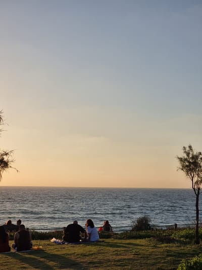 The image depicts a group of people enjoying a sunset picnic on a grassy area overlooking the Mediterranean Sea in Palmachim, Israel. The sky transitions from a light blue at the top to a warm orange hue near the horizon, indicative of the setting sun. The sea is a deep blue with gentle waves. In the foreground, several individuals are seated on blankets on the grass, some facing the sea. Two trees frame the scene on the left and right edges.