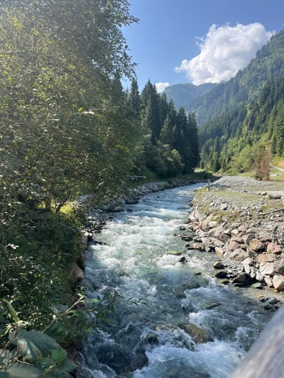 The image displays a fast-flowing mountain river, characteristic of a glacial or alpine stream, within a deep, V-shaped valley in Reitlehen, Austria. The water is clear with visible rock formations on the riverbed and exhibits numerous white rapids, indicating a strong current. The river flows from the background towards the lower center-right of the frame. Both banks are rocky, with the left bank heavily vegetated by dense green trees and shrubs, casting partial shadows. The right bank features a more exposed gravel and rock-strewn path or natural bank, reinforced with large boulders. The valley walls ascend steeply on both sides, densely covered with a mix of dark green coniferous trees and lighter green deciduous foliage. Distant mountain peaks, also forested, are visible under a bright blue sky dotted with scattered white cumulus clouds. Sunlight illuminates the upper right side of the valley and much of the river's surface. No individuals, identifiable structures, or specific objects beyond natural elements are present in the scene.