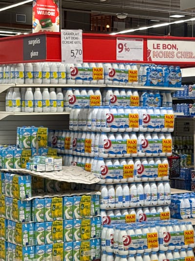 The image shows shelves stocked with dairy products in a supermarket. Prominently displayed are various types of milk, including bottles and cartons. Signage indicates "surgelés" (frozen items) and "glace" (ice cream), suggesting a refrigerated or frozen food section. A price tag displays "5,70" with "GRANDLAIT LAIT DEMI-ECREME 6X1L" written above it, indicating a price of 5.70 Euros for a 6x1 liter pack of semi-skimmed milk. Another sign reads "LE BON, MOINS CHER," meaning "The good, cheaper." The environment appears to be a well-lit retail space.