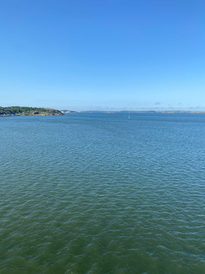 This is a vertical, eye-level, wide shot of a vast body of water with a distant shoreline. The water occupies the right two-thirds of the frame and appears to be a lake or a calm sea. The surface is textured with small, consistent ripples that catch the light, giving it a shimmering quality. The color of the water transitions from a deep greenish-blue in the foreground to a lighter, more muted blue as it approaches the horizon.

The left third of the image is dominated by a clear, bright blue sky. The sky is mostly cloudless, with only a few faint, wispy clouds visible near the horizon. The light suggests it is daytime, likely late morning or early afternoon, with bright sunlight.

Along the distant shoreline, a thin strip of land is visible. This land is covered with a dense green forest, suggesting a natural landscape. A few structures, possibly buildings or small boats, can be seen scattered along the coastline, hinting at human presence. There's also a slender, tall structure that resembles a pole or a small lighthouse. The overall impression is one of tranquility and natural beauty, with a sense of expanse and open space. The location is likely Gothenburg, Sweden, as suggested by the context. No people or specific events are discernible.