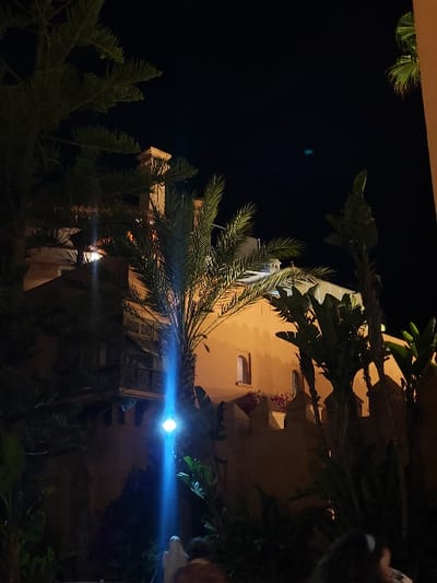 The image depicts a nighttime outdoor scene in Bouznika, Morocco, focused on a traditional-style building partially obscured by dense vegetation. The environment is dark, illuminated by artificial light sources.

The central subject is a multi-story building with light-colored, possibly beige or sand-colored, walls. Architectural elements include a prominent section of crenellated parapet wall on the lower right, an arched window on an upper level, and a small balcony with a dark railing on the left. A square, chimney-like structure with a decorative cap is visible on the roofline towards the upper left. The building is softly illuminated by warm, ambient light.

Dense vegetation frames the scene. A tall palm tree, likely a date palm, stands prominently in the center, its fronds extending upwards. This palm is heavily backlit by a bright, white-to-blue artificial light source positioned at its base, creating a strong vertical lens flare that extends upwards from the light. To the right of the palm, several large-leafed plants, possibly banana or similar tropical varieties, are clustered. On the far left, dark silhouettes of coniferous trees are visible. A small cluster of red-colored flowers or plants is visible on a ledge on the building's crenellated section.

In the lower foreground, blurred portions of at least two human subjects are discernible. One head with dark hair is visible in the lower right corner. Another individual's upper back or shoulder, covered in light-colored fabric, is partially visible in the lower center, to the left of the prominent blue light source. No specific actions or interactions are clearly depicted. The sky is dark, indicating night. A faint blue, circular light artifact is present in the upper-middle portion of the dark sky.