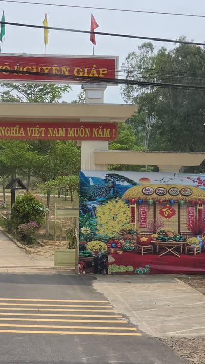 The image shows an entrance gate in what appears to be Đăk La, Vietnam. The gate is constructed of beige-colored concrete pillars and beams. On the left pillar, there's a long red sign with yellow Vietnamese script, topped with a small red flag. Other flags are present. The right pillar has a similar red sign, also with yellow Vietnamese script. Between the pillars, a large, colorful decorative panel is affixed. The panel depicts a traditional Vietnamese scene, featuring a house decorated for Tết (Lunar New Year), with images of flowers, fruits, a peacock, and other festive elements. The panel is set against a backdrop of what appears to be mountains and trees. Beyond the gate, a grassy area with sparse vegetation is visible. A paved road with yellow lane markings is in the foreground on the right. Overhead, there are several power lines. The sky is overcast.