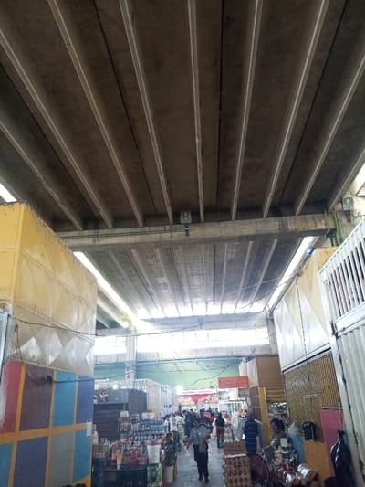 The image depicts an active indoor market situated beneath a large, ribbed concrete overpass structure in Cumana, Venezuela. The overhead concrete structure features parallel beams/ribs, with natural light filtering in from openings along its upper sides.
Two prominent, angular market stall structures frame the foreground. On the left, a stall displays multi-colored painted panels in blue, red, purple, light blue, and brown. On the right, another stall features a light-colored, diamond-patterned metal facade, topped by a white metal gridded structure. Electrical cables are visible traversing overhead.
A moderate crowd of individuals, including shoppers and vendors, occupies the market floor, which is a concrete surface. In the left-midground, a person wearing a light blue shirt and dark pants walks towards the viewer. In the right-midground, another person in a dark blue and white striped shirt stands near stacks of brown egg cartons.
Various market stalls display merchandise. On the left, an array of bottled beverages and packaged goods is arranged on shelves. On the right, numerous stacks of brown egg cartons are prominently visible alongside other packaged items. In the background, a red and white sign clearly labels a business as "Carniceria y Charcuteria" (Butcher shop and Delicatessen), with less legible text beneath it. The scene is illuminated by a combination of natural light and ambient artificial lighting.