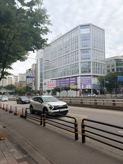This detailed image captures an urban street scene on an overcast day in Goyang-si, South Korea, specifically along Jungang-ro 558beon-gil.

The most prominent feature is a modern, multi-story building with a light grey and glass facade, identified by rooftop signage as "Design Hospital" (디자인병원). Large purple banners affixed to the hospital's side advertise its services, including "General Hospital" (종합병원) and "Emergency Medical Institution" (응급의료기관), listing departments like Internal Medicine, Neurosurgery, Orthopedic Surgery, and Rehabilitation Medicine. One banner specifically highlights the "Robotic Artificial Joint" (로봇인공관절) procedure as being the first introduced in Northwest Gyeonggi.

In the foreground, a multi-lane asphalt road runs horizontally across the frame. A white Kia Sportage SUV, bearing the Korean license plate "186어 8055," is prominently positioned in the right lane. Behind it, a dark-colored sedan (license plate "169다 4475") is visible in the left lane, and additional vehicles are present further down the road. The road is separated from a cracked concrete sidewalk by black metal railings with yellow accents, and several orange and white traffic cones on yellow bases are arranged along the curb.

To the left, a large tree with dense green foliage partially obscures the upper left corner of the image. A blue street sign in the mid-ground clearly indicates "중앙로558번길 Jungang-ro 558beon-gil." In the background, a cluster of various other commercial and residential buildings, including white high-rise apartment complexes, line the street. The sky is uniformly grey and overcast, suggesting a daytime scene without direct sunlight. No people are distinctly visible in the captured scene.