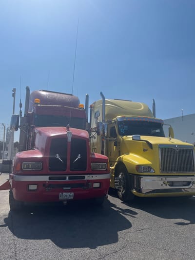 The image showcases a row of semi-trucks parked in a lot. The frontmost truck is red, displaying a license plate and silver emblem. A yellow truck is positioned behind it, partially obscuring the view. The trucks cast shadows on the asphalt ground. The sky is clear and blue.