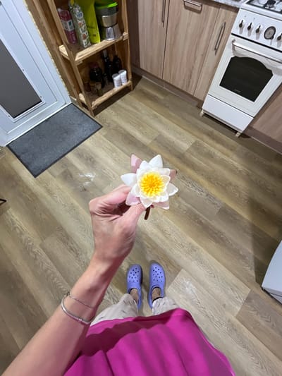 A low-angle, overhead shot captures a person holding a white and yellow water lily flower. The person is wearing purple Crocs and a bright pink skirt, with a silver bracelet on their left wrist. They are standing on a light brown, wood-patterned floor. To the left, a white door with a dark gray mat in front of it is visible. Further left, a wooden shelf unit contains various jars and bottles. In the background to the right, a white stove is positioned next to light brown kitchen cabinets. The scene appears to be an indoor setting, likely a kitchen or a entryway area in a residential building in the city of Nagorny, Russia.