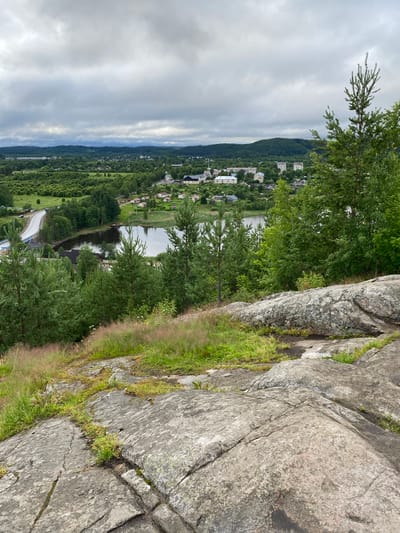 The image presents a scenic overlook of Lakhdenpokhya, Russia, on a cloudy day. In the foreground, large, weathered grey rocks covered in patches of green moss and grass dominate the scene, with a scattering of dry, tall grass. Behind the rocks, a lush green landscape unfolds, characterized by rolling hills dotted with numerous evergreen trees and deciduous bushes.
In the mid-ground, a calm, dark body of water, likely a lake or river, reflects the overcast sky. Along its edge, a small cluster of buildings, appearing to be houses and perhaps some larger structures, can be seen nestled amongst the trees. A paved road winds its way from the left side of the frame, crossing over a bridge and leading towards the settlement. Further into the distance, more buildings of varying sizes, including apartment blocks, are visible, forming the heart of the town. The horizon is defined by a line of dense, dark green forested hills under a thick, grey, cloud-filled sky. No people are visible in the image.
