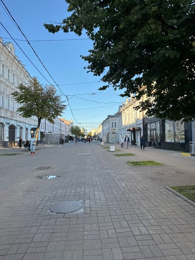 The image shows a street scene in Feklino, Russia, with buildings lining both sides of a paved pedestrian walkway. A tree stands in the middle of the walkway, with its branches extending into the upper portion of the frame. Several people are walking along the street, some singly and some in groups. The buildings appear to be older, with traditional architecture. The sky is clear and blue, indicating a sunny day.
