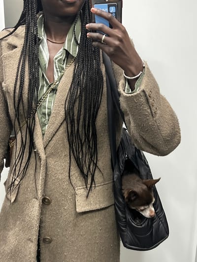 The image captures an individual taking a mirror selfie indoors in the city of La Garenne-Colombes, France. The person, with dark skin and long dark braided hair, is seen from the chest up. They are wearing a light green shirt with thin white vertical stripes, partially unbuttoned, beneath a textured, light brown, two-button blazer with three decorative buttons on the right cuff. A thin gold-colored necklace is visible, as is a silver-colored ring on the fourth finger of the right hand and a silver-colored bangle on the right wrist. A gold-colored chain strap from another bag is visible on the person's left side. The individual holds a dark-colored smartphone in their right hand, with a reflection visible on its screen. A small brown dog with a graying snout, consistent with a Chihuahua, is positioned in a black quilted pet carrier bag worn on the person's left shoulder, with its head visible from an opening in the bag. The background consists of a plain, light-colored wall.