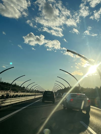 A rear-view shot captures a highway scene in Beloostrov, Russia, under a bright, partly cloudy sky. The sun is intensely shining from the right, creating lens flare and glare across the image. Multiple cars are visible on the multi-lane road, driving in the same direction. The perspective is from inside one of the vehicles, looking forward. In the foreground, the asphalt road is clearly visible, with a white lane marker. To the left, a protective barrier system with curved metallic supports lines the highway. Beyond the barrier, trees form a dense forest, with some electrical poles and wires also present. The sky is a vibrant blue with scattered white and grey clouds, some of which are illuminated by the sunlight. There is a slight blue circular artifact visible in the upper left quadrant of the sky.