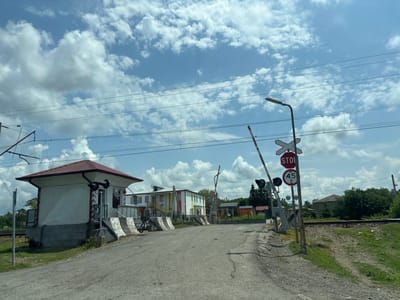 The image shows a railroad crossing in ნიგვზიანის თემი, Georgia, on a sunny day with scattered clouds. The crossing has a manual signal booth to the left, with a red-roofed structure and white walls. A raised barrier arm with red and white stripes is visible on the right side of the road. Traffic signals, a stop sign, and a speed limit sign indicating 45 km/h are also present at the crossing. The road surface is asphalt with some cracks. In the background, there are several buildings, including a white building with colorful accents and a smaller structure that appears to be a playground. Railway tracks run horizontally across the scene, and overhead power lines are strung across the sky. Vegetation, including trees and grass, is present on the sides of the tracks and beyond the buildings. There are no people visible in the image.