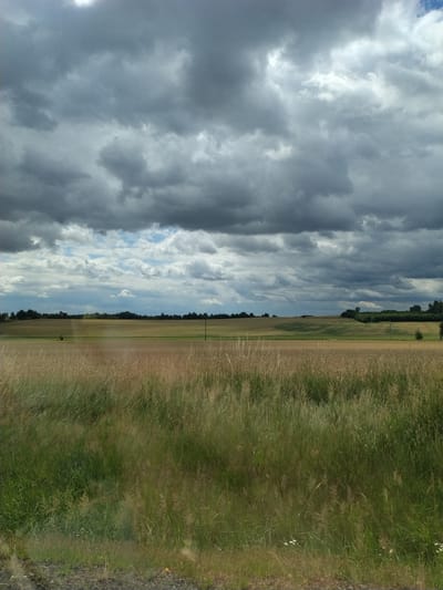 The image depicts a rural landscape with a field of tall, dry grass in the foreground. Beyond the grass, there are rolling hills with cultivated fields, likely agricultural crops, in various shades of green and gold. The distant horizon is dotted with trees and a few scattered structures, suggesting the presence of a village or scattered homesteads. The sky is dramatic and overcast, filled with heavy, dark gray clouds that partially obscure patches of lighter, brighter sky. A sliver of sunlight is visible in the upper left portion of the frame. The overall impression is one of a natural, agricultural environment under a moody sky.