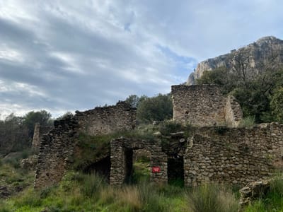 The image depicts multiple stone ruins located in Mérindol, France, under an overcast sky. The ruins consist of partially collapsed structures made from rough-hewn, irregular stones, forming walls of varying heights. Green grass and shrubs densely cover the ground surrounding and within these structures. Trees with both bare branches and green foliage are visible behind the ruins and along the left side of the frame. A prominent, sheer rock cliff face rises in the upper right background. Within an arched opening of one of the foreground ruined walls, a small red rectangular sign with white text, partially legible as "PROPRIÉTÉ PRIVÉE," is affixed. No individuals or active subjects are present. The sky is filled with layers of grey clouds.