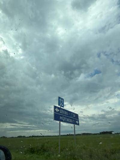 A blue directional road sign is pictured against a cloudy sky in Deevo, Russia. The sign points left to "DEEVO 1.4" and right to "MOLTAEVO 5". A green field stretches out in the background.